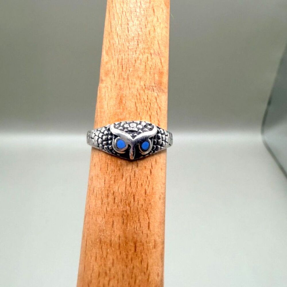 Vintage 925 Sterling Silver Owl Ring Blue Turquoise Eyes Size 5.75 Bird Band